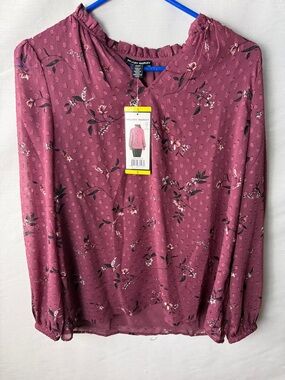 Hilary Radley Mauve Floral Ruffle-Neck Long Sleeve Blouse